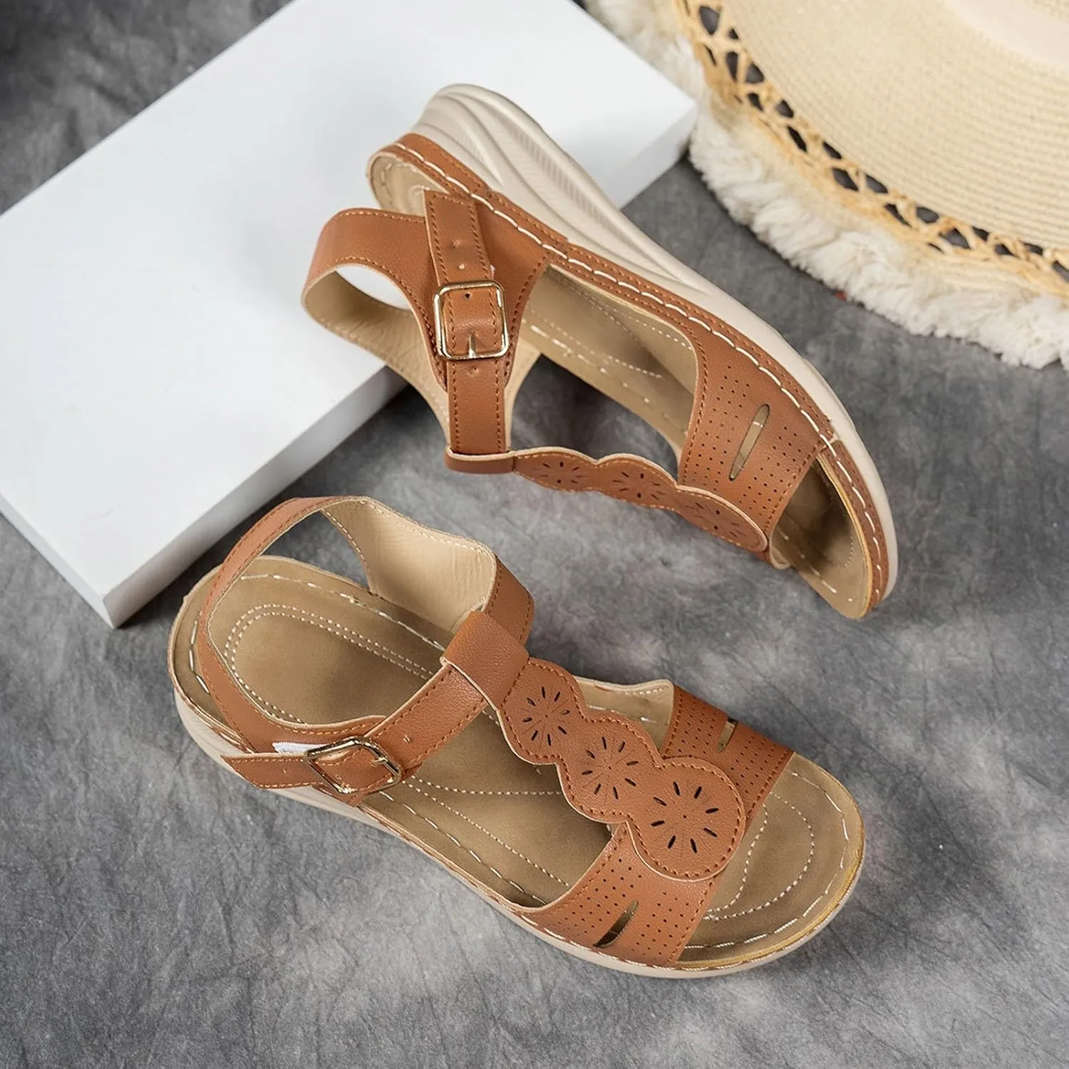 Women's Orthopedic Wedge Sport Sandals with Arch Support 2025 Summer Casual Fashionable T-strap Open Toe Hollow Out Asjustable Ankle Strap Sandals Beach Vacation Walking Platform Sandal
