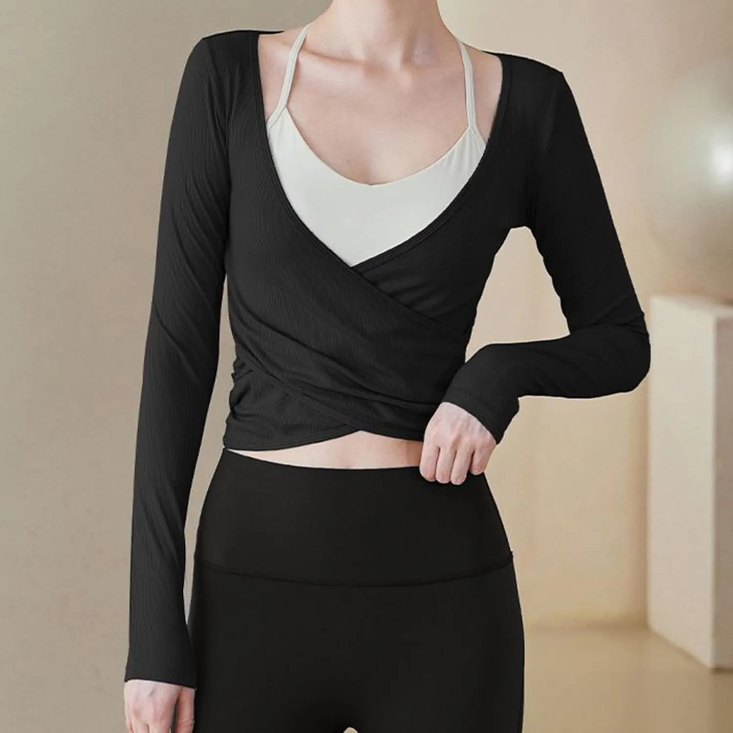 Women's Workout Crop Tops Long Sleeve Wrap Front Slim Fit Yoga Shirts Breathable Running Gym Active Wear