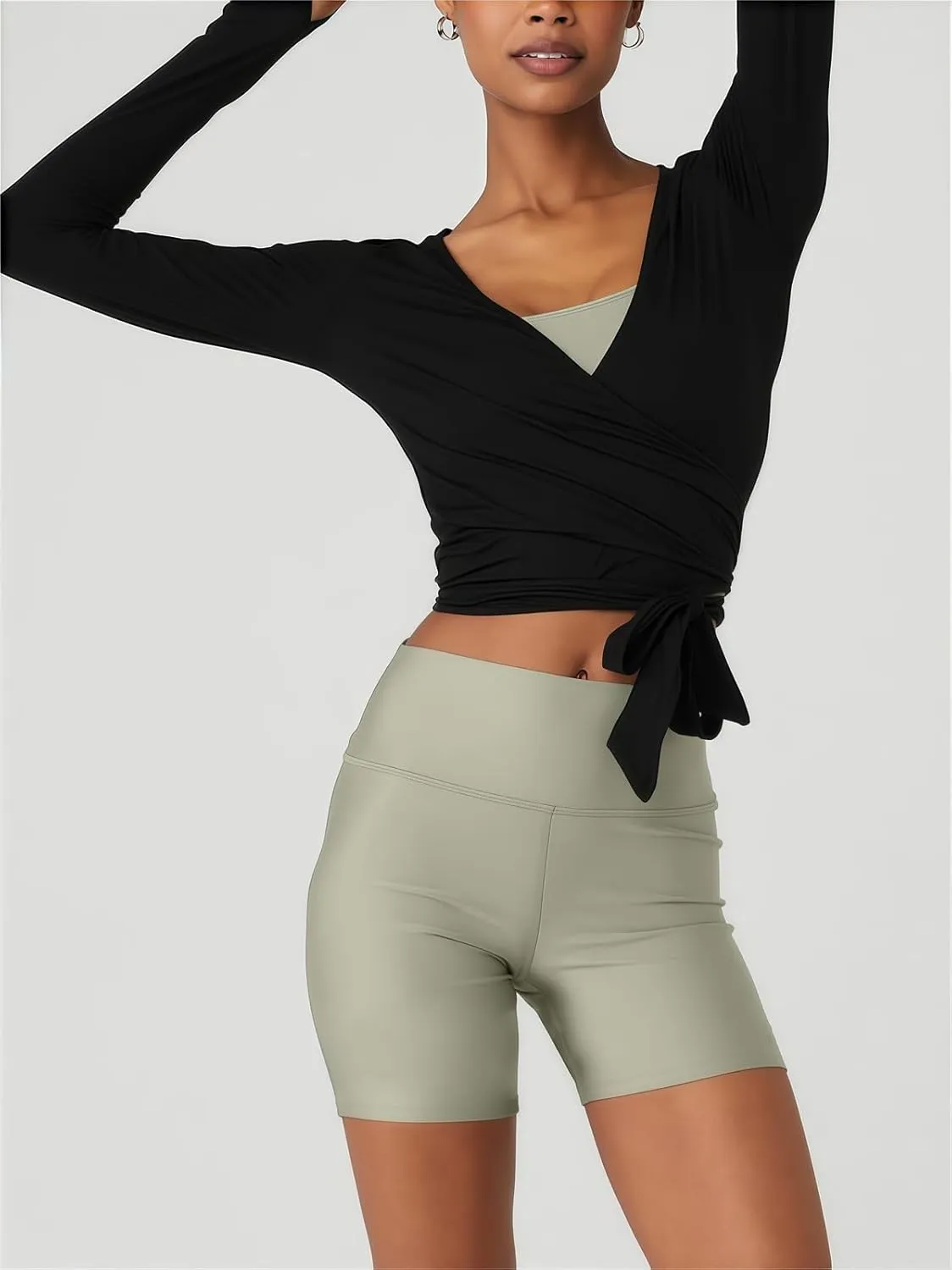Women's Workout Crop Tops Long Sleeve Wrap Front Slim Fit Yoga Shirts Breathable Running Gym Active Wear