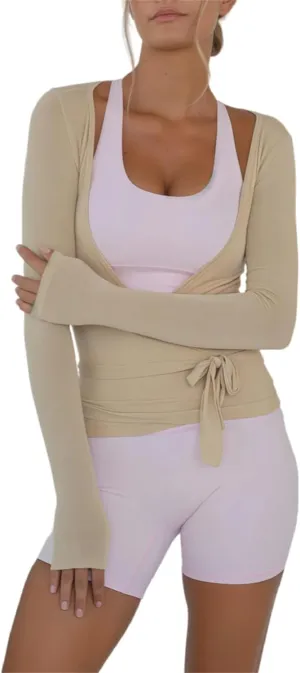 Women's Workout Crop Tops Long Sleeve Wrap Front Slim Fit Yoga Shirts Breathable Running Gym Active Wear