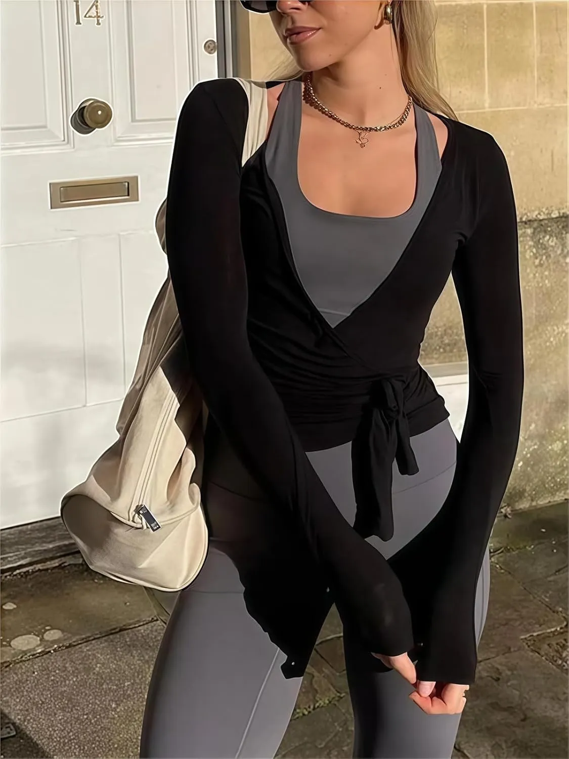 Women's Workout Crop Tops Long Sleeve Wrap Front Slim Fit Yoga Shirts Breathable Running Gym Active Wear