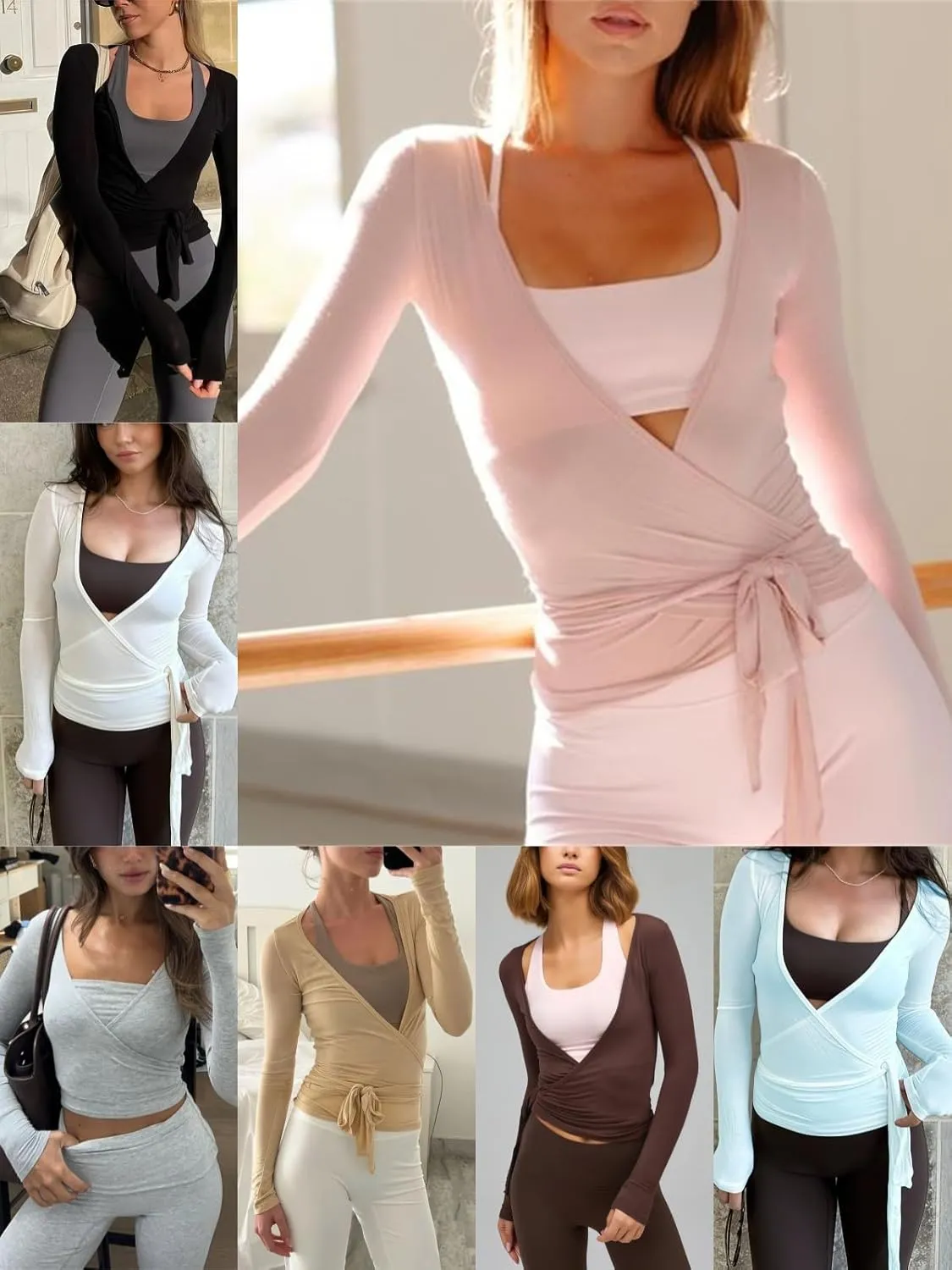 Women's Workout Crop Tops Long Sleeve Wrap Front Slim Fit Yoga Shirts Breathable Running Gym Active Wear
