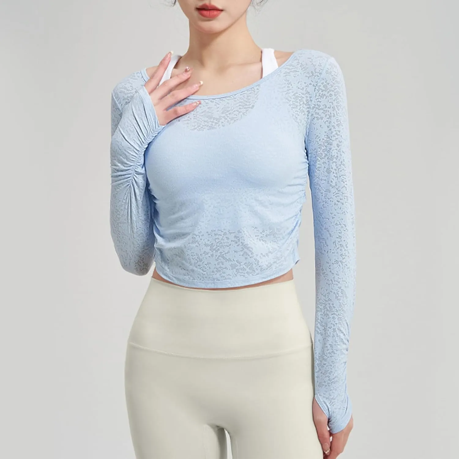 Women's Workout Crop Tops Long Sleeve Wrap Front Slim Fit Yoga Shirts Breathable Running Gym Active Wear