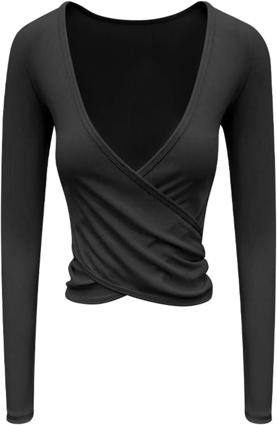 Women's Workout Crop Tops Long Sleeve Wrap Front Slim Fit Yoga Shirts Breathable Running Gym Active Wear