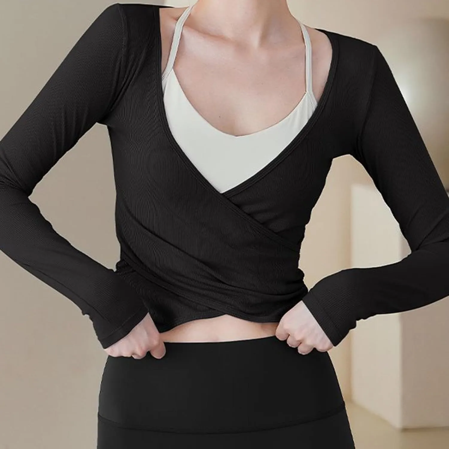 Women's Workout Crop Tops Long Sleeve Wrap Front Slim Fit Yoga Shirts Breathable Running Gym Active Wear