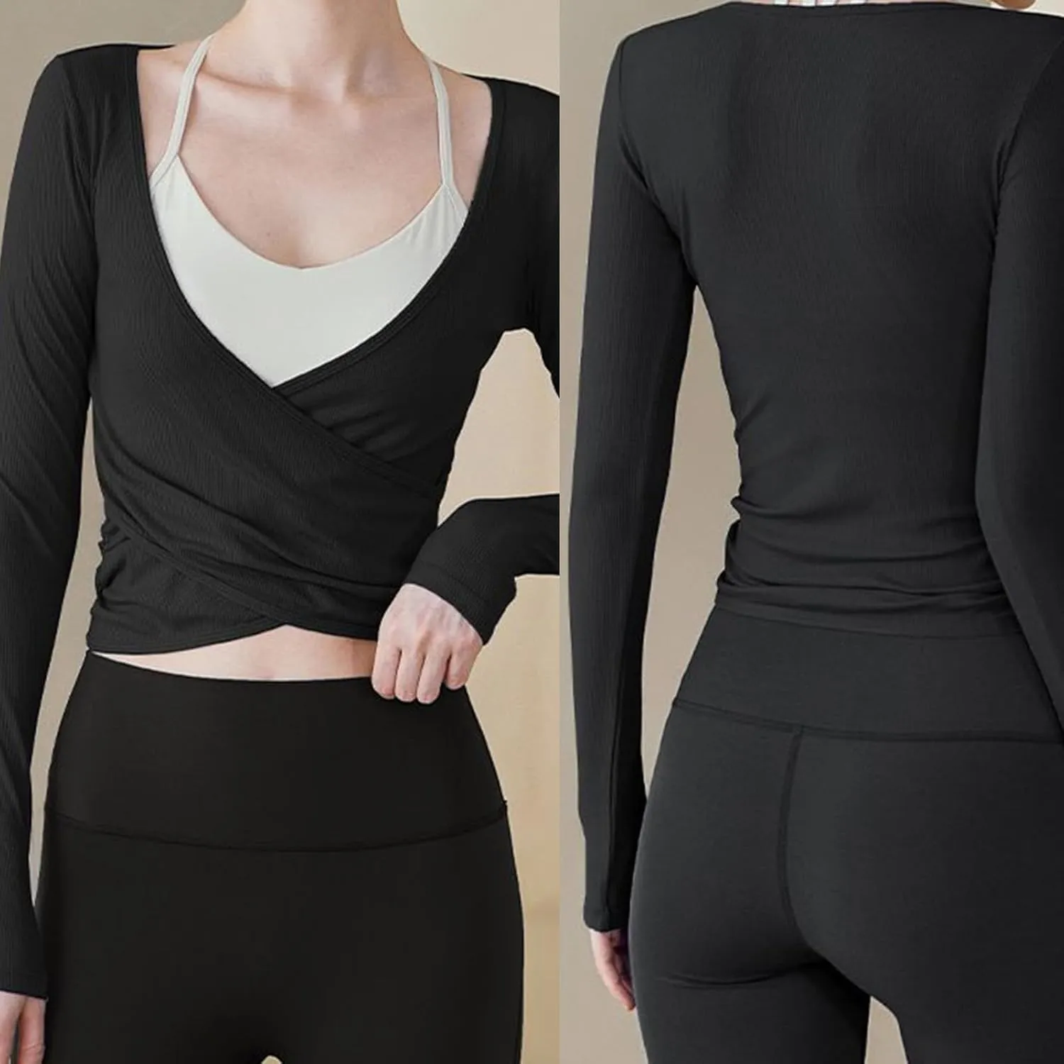 Women's Workout Crop Tops Long Sleeve Wrap Front Slim Fit Yoga Shirts Breathable Running Gym Active Wear