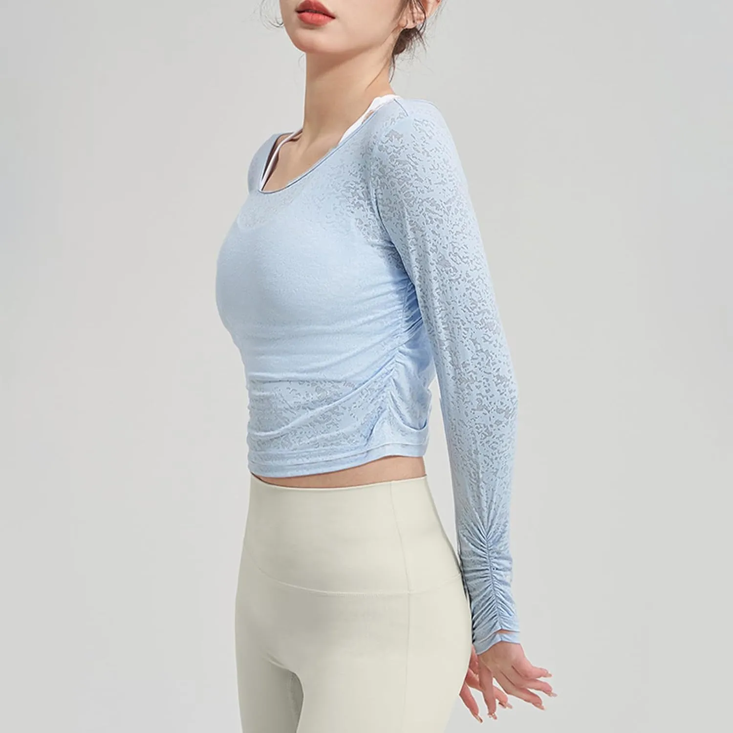 Women's Workout Crop Tops Long Sleeve Wrap Front Slim Fit Yoga Shirts Breathable Running Gym Active Wear