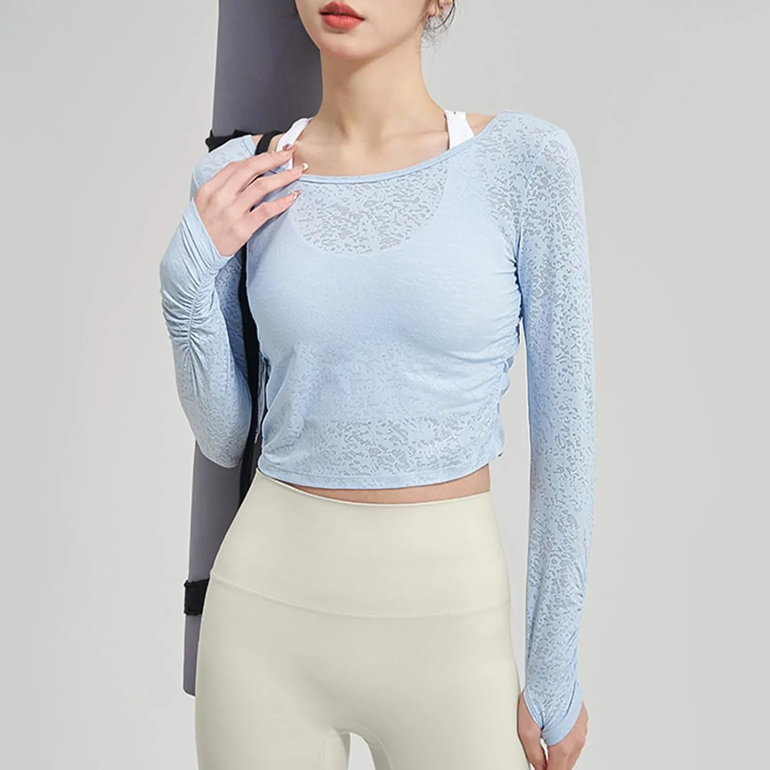 Women's Workout Crop Tops Long Sleeve Wrap Front Slim Fit Yoga Shirts Breathable Running Gym Active Wear