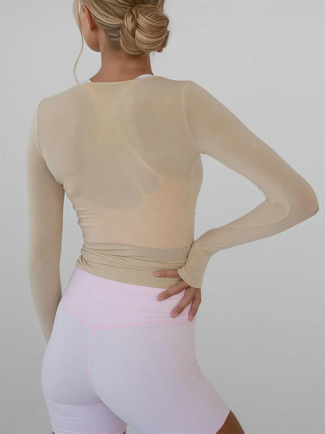 Women's Workout Crop Tops Long Sleeve Wrap Front Slim Fit Yoga Shirts Breathable Running Gym Active Wear