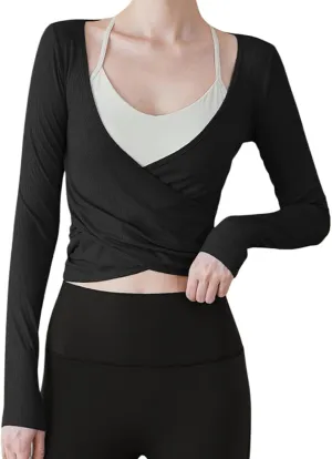 Women's Workout Crop Tops Long Sleeve Wrap Front Slim Fit Yoga Shirts Breathable Running Gym Active Wear