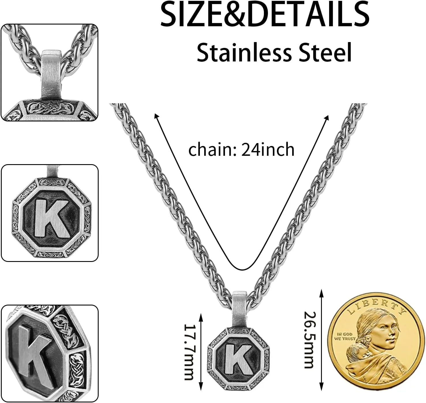 Zocomi Initial Necklace for Men Stainless Steel Letter A-Z Pendant Chain 20 2 Inches, Octagon Norse Viking Talisman Jewelry Gifts