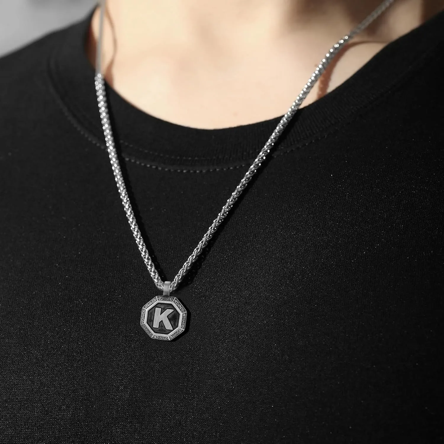 Zocomi Initial Necklace for Men Stainless Steel Letter A-Z Pendant Chain 20 2 Inches, Octagon Norse Viking Talisman Jewelry Gifts
