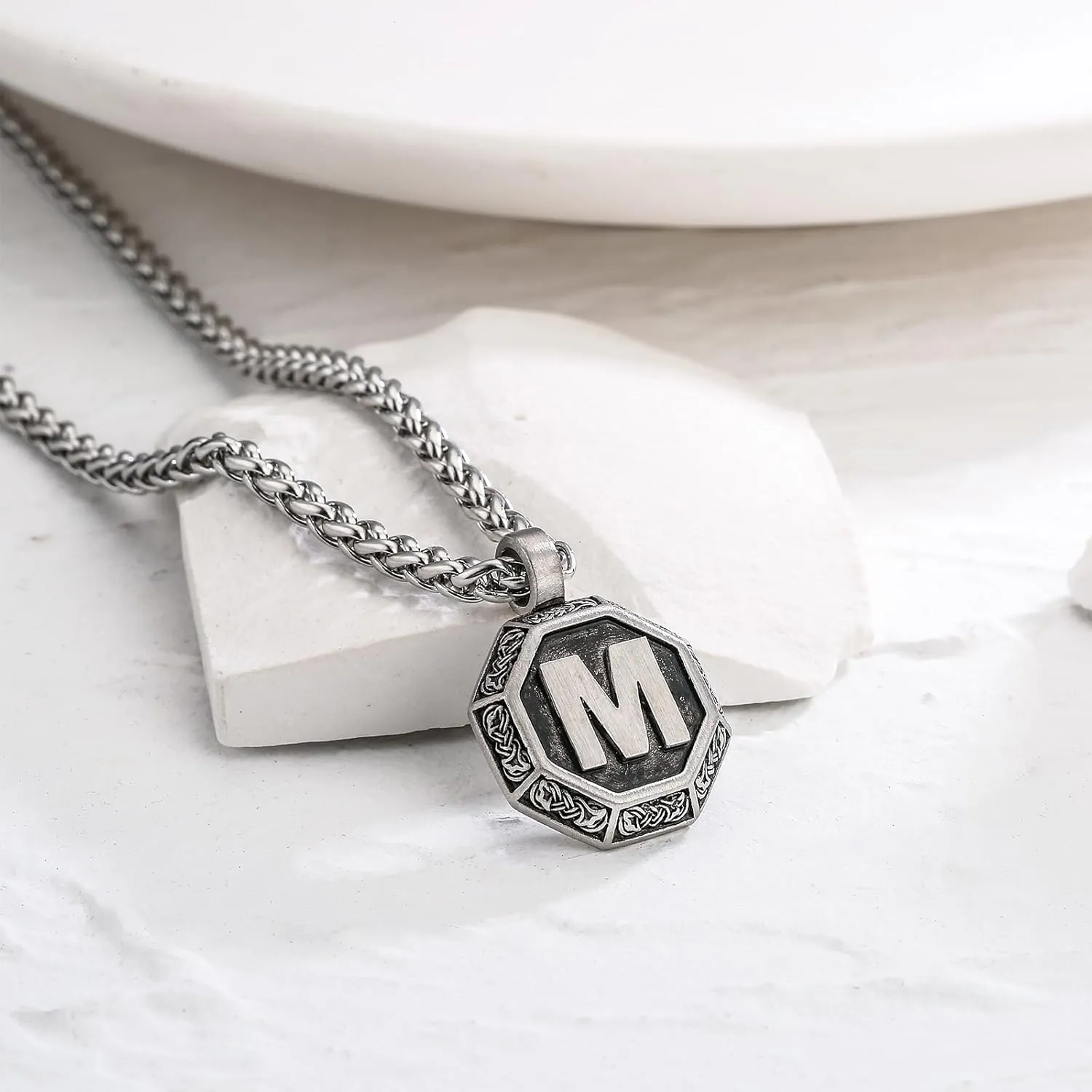 Zocomi Initial Necklace for Men Stainless Steel Letter A-Z Pendant Chain 20 2 Inches, Octagon Norse Viking Talisman Jewelry Gifts