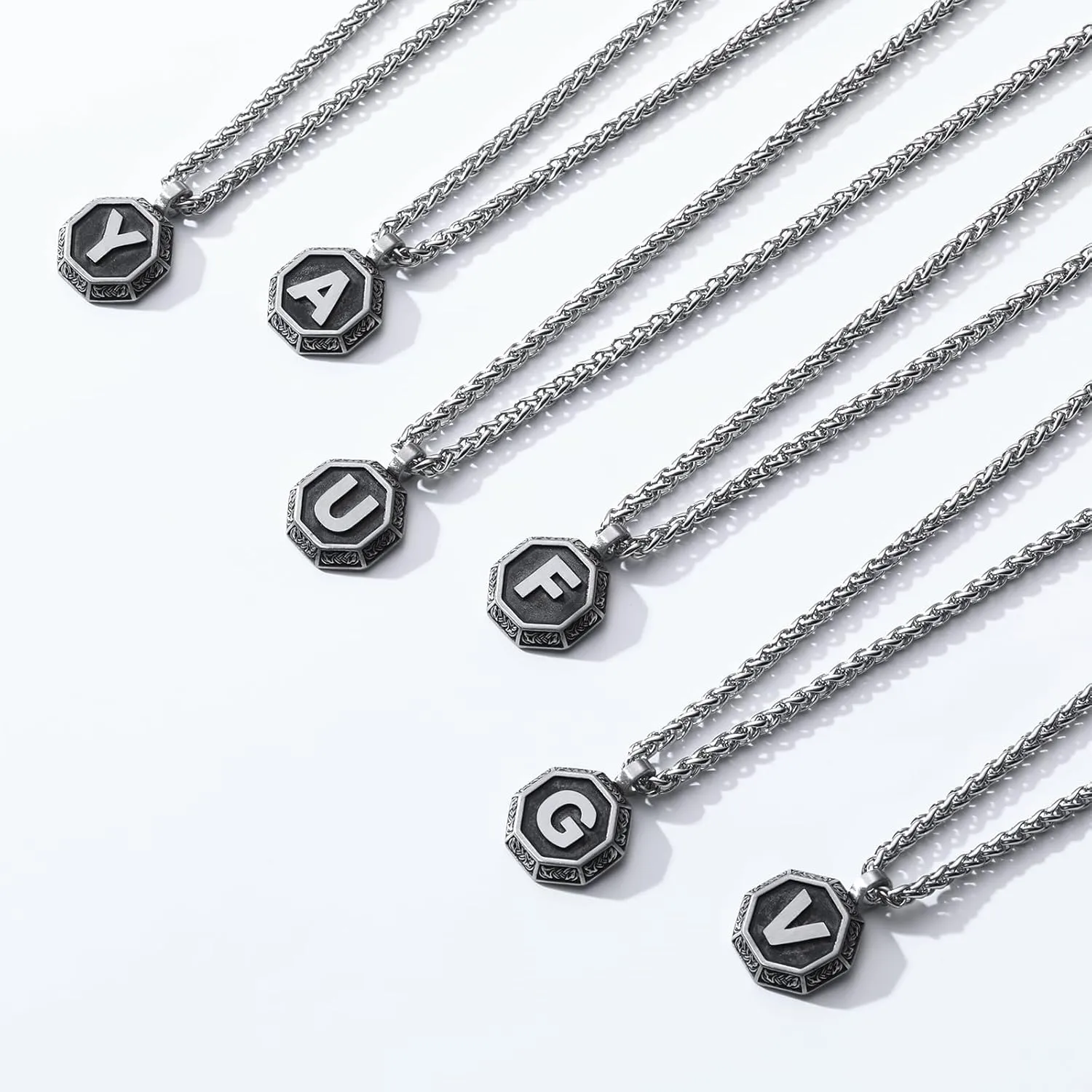 Zocomi Initial Necklace for Men Stainless Steel Letter A-Z Pendant Chain 20 2 Inches, Octagon Norse Viking Talisman Jewelry Gifts